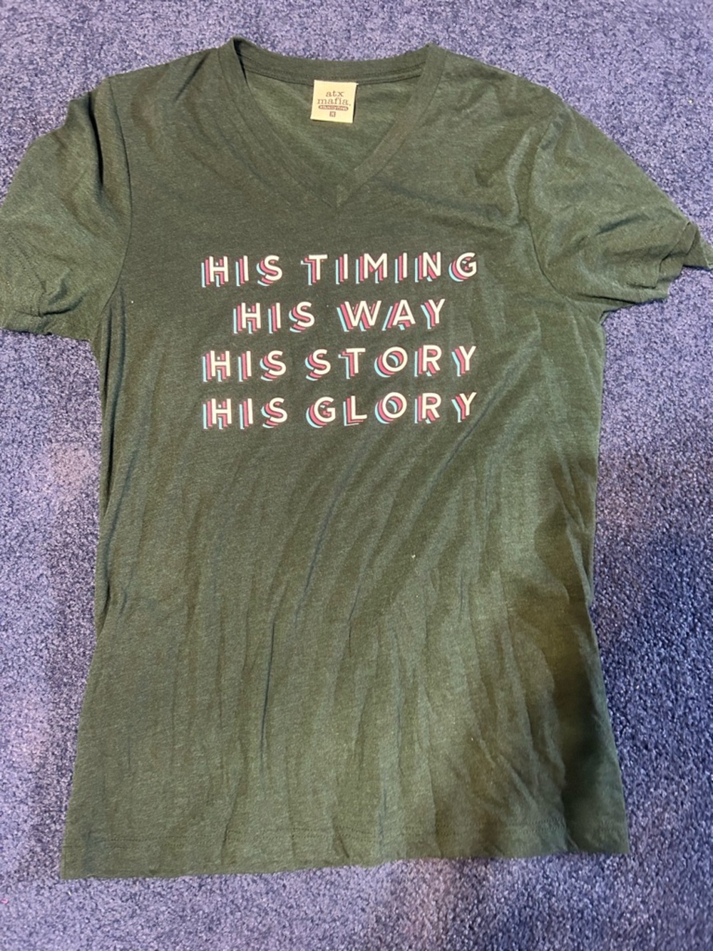 Atx Mafia Dark Green V-Neck Tee with Multicolor Text